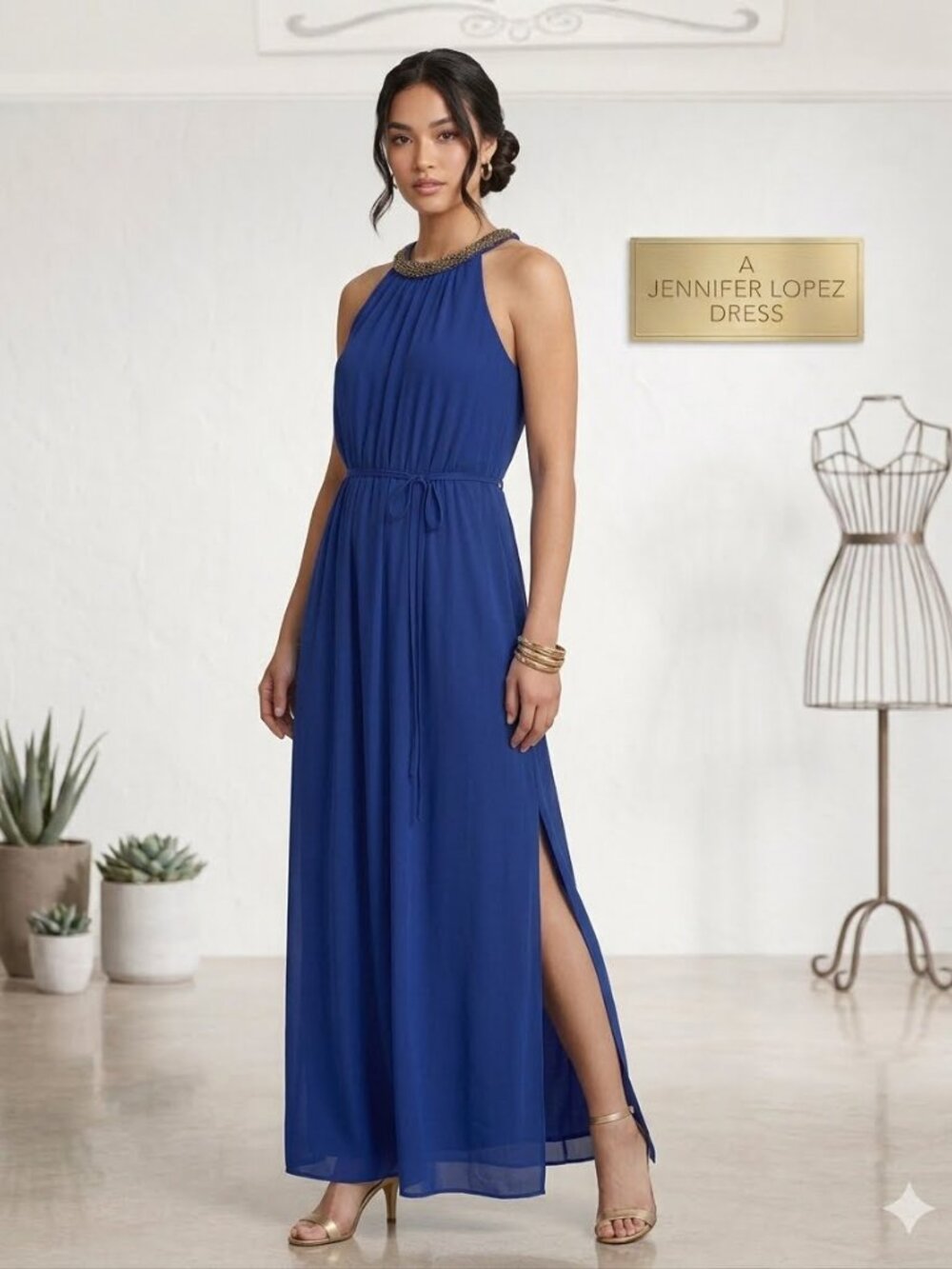 Jennifer Lopez Royal Blue Embellished Halter Maxi Dress XS